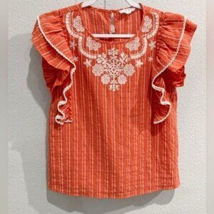 Anthropologie Orange Blouse with White Embroidery